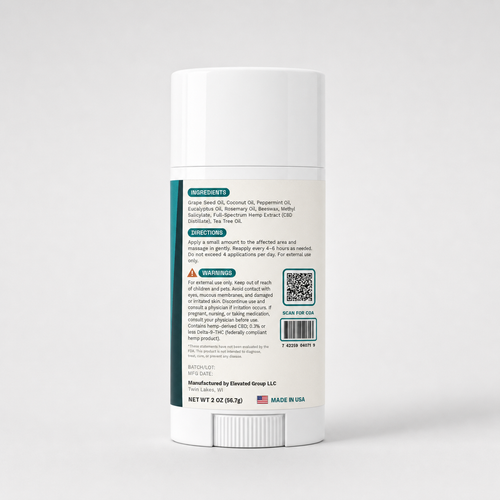Elevated Naturals CBD Relief Stick back label with ingredients